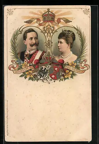 Lithographie Kaiser Wilhelm II. mit Kaiserin Auguste Victoria Königin von Preussen, Wappen