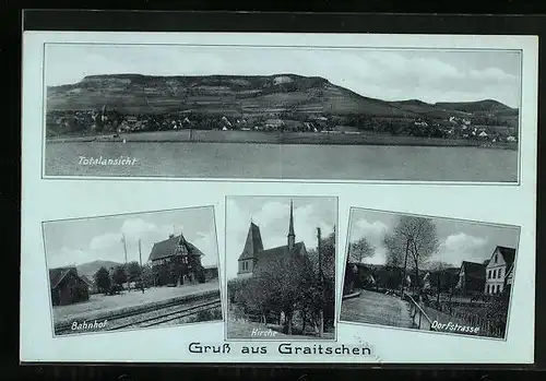 AK Graitschen, Totalansicht, Bahnhof, Kirche, Dorfstrasse