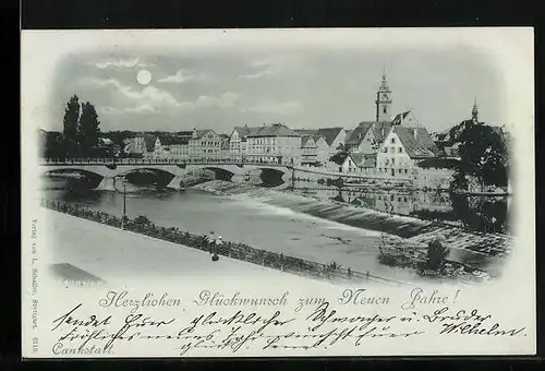 Mondschein-AK Cannstatt, Ortsansicht mit Brücke