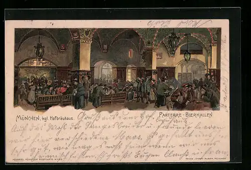 Lithographie München, Münchner Hofbräuhaus, Innenansicht