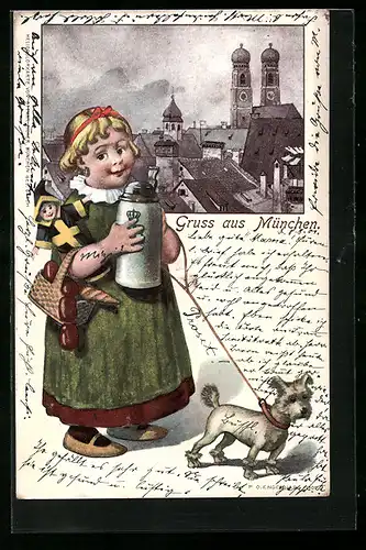 Präge-Lithographie München, Teilansicht mit Kirche, Mädchen mit Münchner Kindl-Puppe