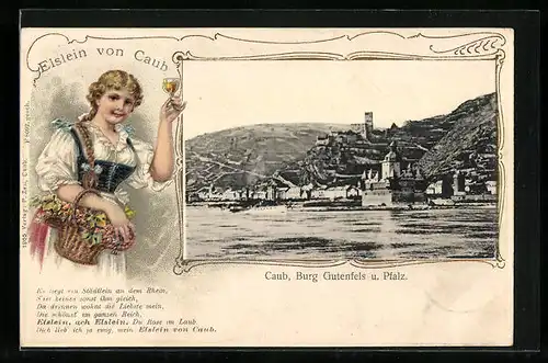 Passepartout-Lithographie Caub, Burg Gutenfels und Pfalz, Elslein von Caum