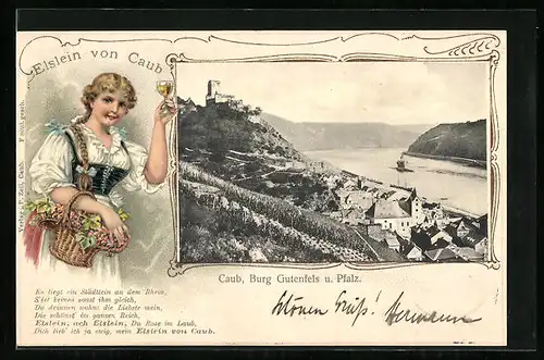 Passepartout-Lithographie Caub, Burg Gutenfels und Pfalz, Elslein von Caum