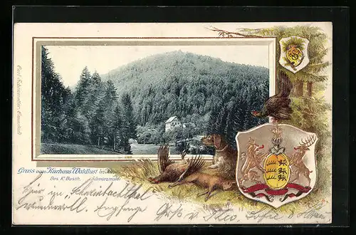 Passepartout-Lithographie Hirsau, Kurhaus Waldlust, Wappen