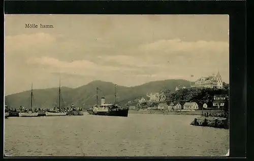 AK Mölle, Hamn, Schiffe in der Bucht mit Stadtblick