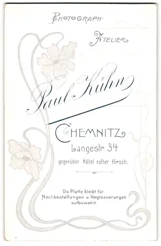 Fotografie Paul Kühn, Chemnitz, Langestr. 34, Blühnende Blumen als Umrandung um die Anschrift des Fotografen