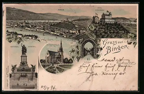 Lithographie Bingen, Hotel Rochusberg und Teilansicht, Rochuskapelle Ostseite, National-Denkmal