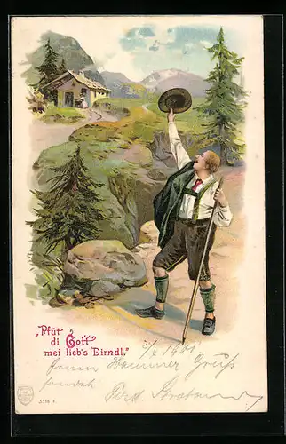 Präge-Lithographie Wanderer nimmt Abschied von seinem Dirndl