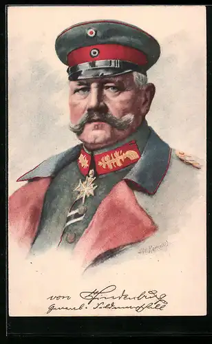 Künstler-AK Generalfeldmarschall Paul von Hindenburg in Uniform mit Schirmmütze