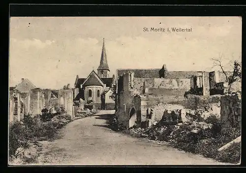 AK St. Moritz i. Weilertal, Ortsansicht mit Kirche und Ruinen