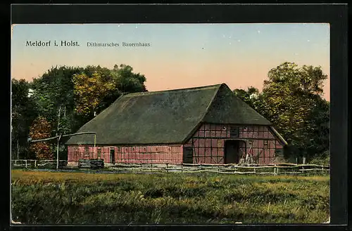 Goldfenster-AK Meldorf i. Holst., Dithmarsches Bauernhaus mit leuchtenden Fenstern