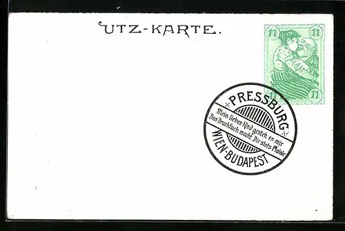 AK Utz-Karte, Frau und Mann küssen sich auf der Briefmarke