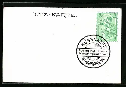 AK Utz-Karte, Frau und Mann küssen sich auf der Briefmarke