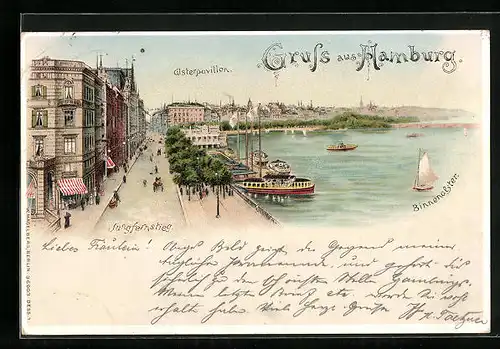 Lithographie Hamburg-Neustadt, Jungfernstieg und Alsterpavillon mit Binnenalster