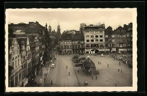 AK Pilsen, Marktplatz mit Blick auf Synagoge, von oben gesehen