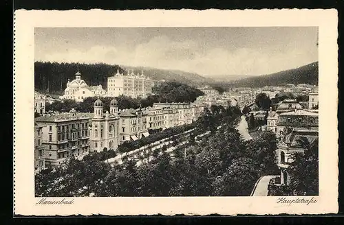 AK Marienbad, Hauptstrasse mit Synagoge aus der Vogelschau