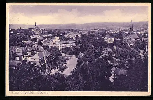 AK Bad Teplitz-Schönau, Teilansicht mit Strasse und Synagoge aus der Vogelschau