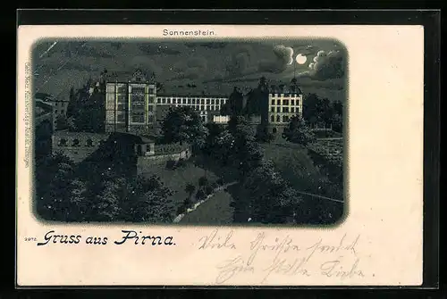 Lithographie Pirna, Sonnenstein bei Mondschein