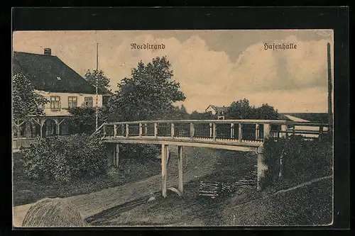 AK Nordstrand, Hafenhalle mit Brücke