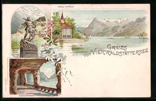 Lithographie Flüelen, Axenstrasse, Vierwaldstättersee mit Tellskapelle und Tell-Denkmal