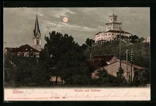 Mondschein-AK Uster, Kirche und Schloss