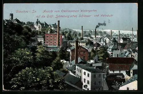 AK Glauchau i. Sa., Blick vom Wintergarten auf Gräfl. Schönburg'schen Schlösser und Wehrdicht