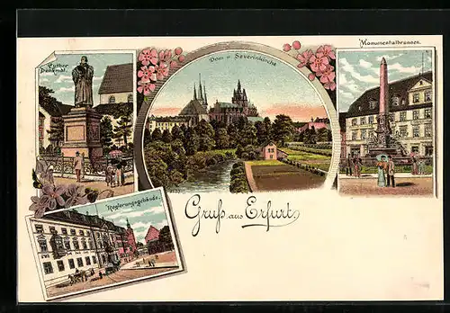 Lithographie Erfurt, Dom und Severinkirche, Regierungsgebäude, Monumentalbrunnen