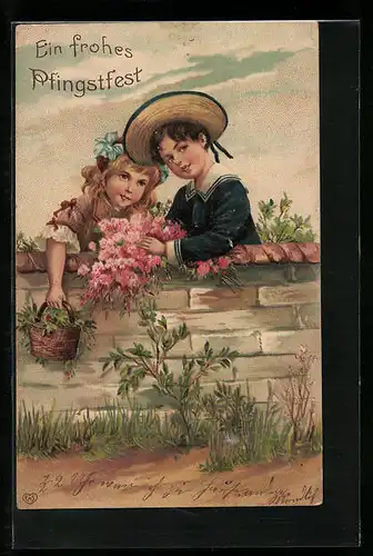 AK Ein frohes Pfingstfest, Kinder mit Blumen am Zaun