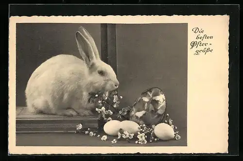 AK Osterhase mit Blüten und Ostereiern