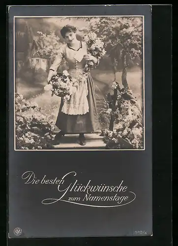 Foto-AK NPG Nr. 380 /4: Schönes Mädchen mit Blumengrüssen zum Namenstag