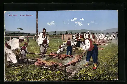 AK Bosnien, Lammbraten am Spiess auf einer Wiese