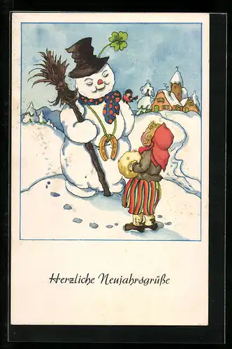 AK Schneemann mit Hufeisen-Kette und Kleeblatt