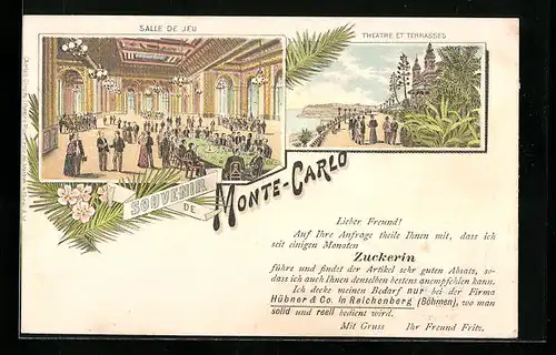 Lithographie Monte Carlo, Casino, Salle de Jeu, Theatre et Terrasses