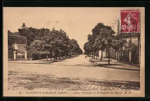 AK Villeneuve-de-Marsan, Allées d`Haussez et Monument des Morts