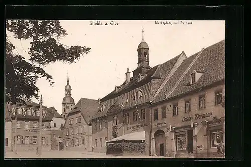 AK Strehla a. Elbe, Marktplatz und Rathaus