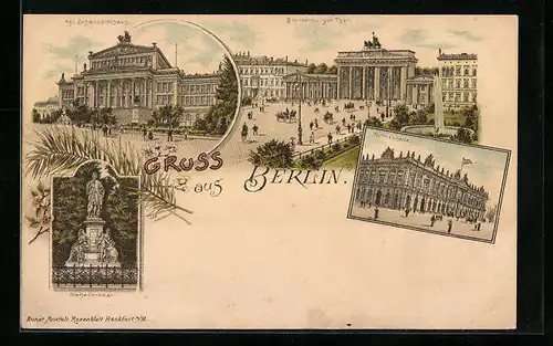 Lithographie Berlin, Ruhmeshalle, Königliches Schauspielhaus, Goethe-Denkmal