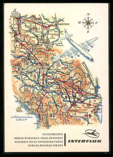 AK Flugstrecken d. Luftverkehrsunternehmens Interflug, Flugzeug DM-STC und Landkarte