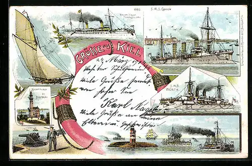 Lithographie Kiel, SMS Gerion, SMS Wörth, Leuchtturm zu Holtenau, SMY Hohenzollern