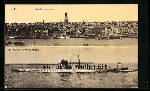 AK Kiel, Stadtpanorama, Deutsches Unterseeboot