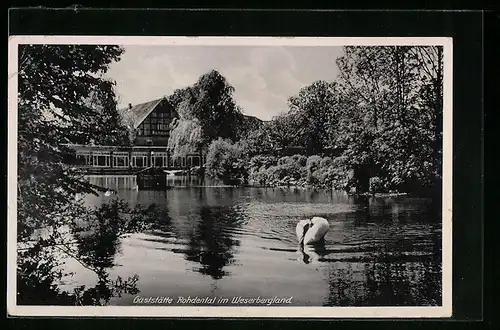 AK Hessisch Oldendorf, Gaststätte Rohdental vom Wasser aus gesehen