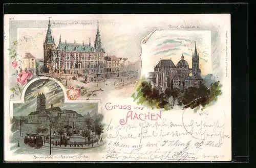 Lithographie Aachen, Rathaus mit Marktplatz, Nordseite des Doms, Kaiserplatz mit Adalbertskirche