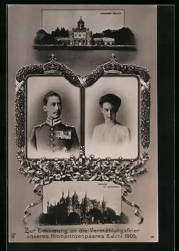 AK Schloss zu Schwerin, Marmor-Palais, Zur Erinnerung an die Vermählungsfeier unseres Kronprinzenpaares 1905