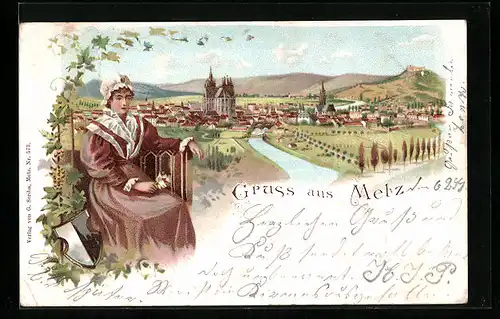 Lithographie Metz, Teilansicht und Frau mit Blume