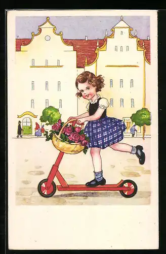 Künstler-AK Kleines Mädchen fährt mit einem Roller