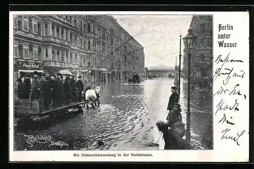 AK Berlin-Kreuzberg, Die Überschwemmung, Yorkstrasse mit Fleischerei bei Hochwasser