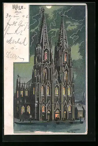 Lithographie Köln, Dom bei Mondschein