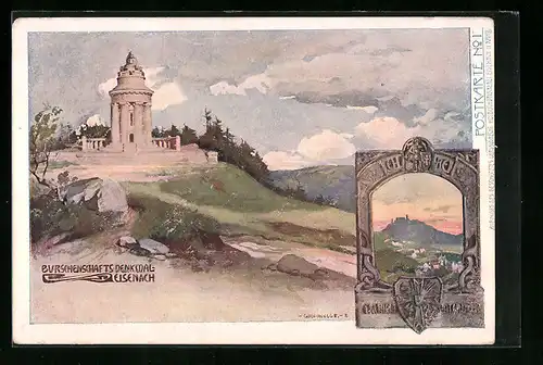 Lithographie Eisenach, Burschenschafts-Denkmal, Ortspartie