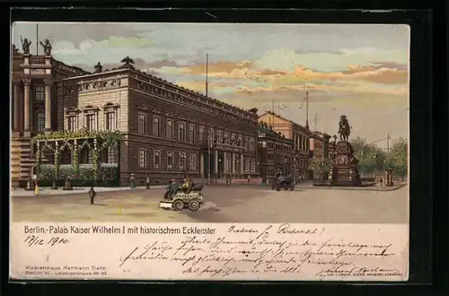 Lithographie Berlin, Palais Kaiser Wilhelm I. mit historischem Eckfenster