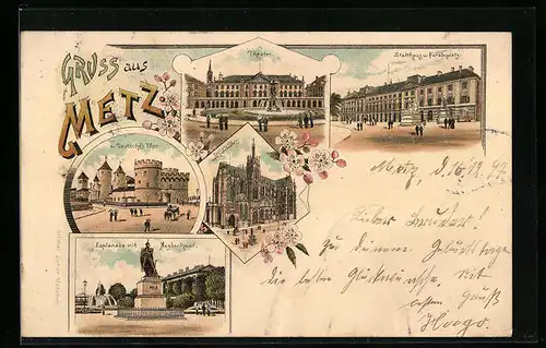 Lithographie Metz, Deutsches Thor, Esplanade mit Neydenkmal, Stadthaus und Paradeplatz