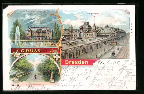 Lithographie Dresden, Hauptbahnhof, Herkules Allee, Palais v. Teich im grossen Garten